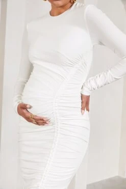 Eternal | White Ruched Long-Sleeved Split Maternity Midi Dress -ENY Clothing Shop WB CC HR CL129571005 EternalWhiteRuchedLong SleevedSplitMaternityMaxiDress3