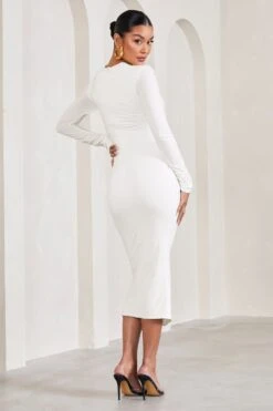Eternal | White Ruched Long-Sleeved Split Maternity Midi Dress -ENY Clothing Shop WB CC HR CL129571005 EternalWhiteRuchedLong SleevedSplitMaternityMaxiDress4