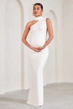 Sylvia | White Ruched Asymmetric Maternity Maxi Dress With Wrap-Collar -ENY Clothing Shop WB CC HR CL129575005 SylviaWhiteRuchedAsymmetricMaternityMaxiDressWithWrap Collar2