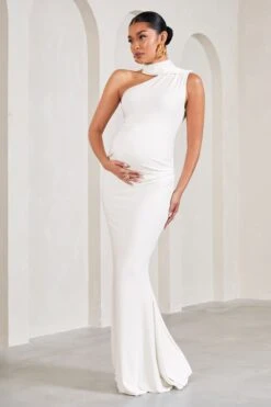 Sylvia | White Ruched Asymmetric Maternity Maxi Dress With Wrap-Collar -ENY Clothing Shop WB CC HR CL129575005 SylviaWhiteRuchedAsymmetricMaternityMaxiDressWithWrap Collar3