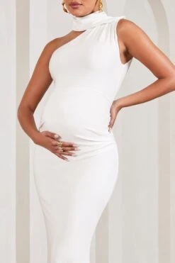 Sylvia | White Ruched Asymmetric Maternity Maxi Dress With Wrap-Collar -ENY Clothing Shop WB CC HR CL129575005 SylviaWhiteRuchedAsymmetricMaternityMaxiDressWithWrap Collar4