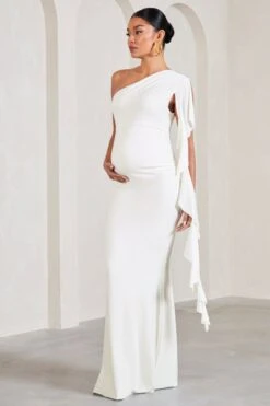 Rosalie | White One-Shoulder Maternity Maxi Dress With Ruffles -ENY Clothing Shop WB CC HR CL129579005 RosalieWhiteOne ShoulderMaternityMaxiDressWithRuffles3