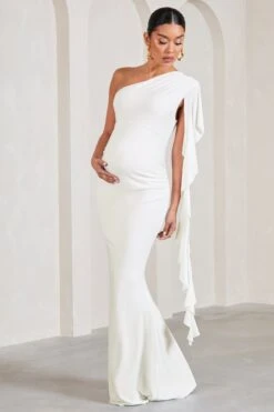 Rosalie | White One-Shoulder Maternity Maxi Dress With Ruffles -ENY Clothing Shop WB CC HR CL129579005 RosalieWhiteOne ShoulderMaternityMaxiDressWithRuffles4