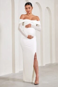 Elsie | White Bardot Long-Sleeved Maternity Maxi Dress