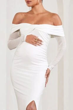 Elsie | White Bardot Long-Sleeved Maternity Maxi Dress -ENY Clothing Shop WB CC HR CL129582005 ElsieWhiteBardotLong SleevedMaternityMaxiDress4