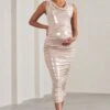 Mabel | Gold Metallic Cowl-Neck Ruched Maternity Midi Dress -ENY Clothing Shop WB CC HR CL129591007 MabelGoldMetallicCowl NeckRuchedMaternityMaxiDress5
