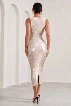 Mabel | Gold Metallic Cowl-Neck Ruched Maternity Midi Dress -ENY Clothing Shop WB CC HR CL129591007 MabelGoldMetallicCowl NeckRuchedMaternityMaxiDress7