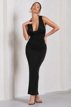 Finely Formed | Black Ruched Cowl-Neck Bodycon Maxi Dress -ENY Clothing Shop WB CC HR CL129674002 FinelyFormedBlackRuchedCowl NeckBodyconMaxiDress2
