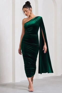 Gianna | Bottle Green Velvet One Shoulder Cape Bodycon Midi Dress -ENY Clothing Shop WB CC HR CL129762047 GiannaBottleGreenVelvetOneShoulderCapeBodyconMidiDress4