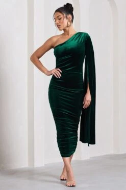Gianna | Bottle Green Velvet One Shoulder Cape Bodycon Midi Dress -ENY Clothing Shop WB CC HR CL129762047 GiannaBottleGreenVelvetOneShoulderCapeBodyconMidiDress5