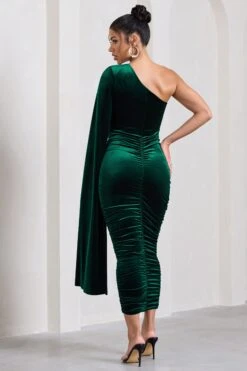 Gianna | Bottle Green Velvet One Shoulder Cape Bodycon Midi Dress -ENY Clothing Shop WB CC HR CL129762047 GiannaBottleGreenVelvetOneShoulderCapeBodyconMidiDress8