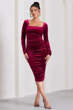 Juliette | Berry Velvet Square-Neck Long-Sleeved Bodycon Midi Dress