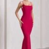 Alora | Red Strappy Lace-Up Maxi Dress With Flower Corsage -ENY Clothing Shop WB CC HR CL129766004 AloraRedStrappyLace UpMaxiDressWithFlowerCorsage2