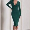 Marcia | Bottle Green Bodycon Plunge-Neck Midi Dress -ENY Clothing Shop WB CC HR CL129785047 MarciaChocolateBrownBodyconPlunge NeckMidiDress2