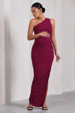 Persia | Berry One-Shoulder Side Split Ruched Maternity Maxi Dress -ENY Clothing Shop WB CC HR CL129824164 PersiaBerryOne ShoulderSideSplitRuchedMaternityMaxiDress1