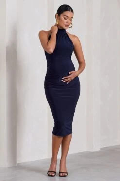 Dora | Navy Halter-Neck Open-Back Maternity Midi Dress -ENY Clothing Shop WB CC HR CL129829015 DoraNavyHalter NeckOpen BackMaternityMidiDress2