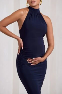 Dora | Navy Halter-Neck Open-Back Maternity Midi Dress -ENY Clothing Shop WB CC HR CL129829015 DoraNavyHalter NeckOpen BackMaternityMidiDress4