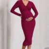 Marcia | Berry Bodycon Plunge-Neck Maternity Midi Dress -ENY Clothing Shop WB CC HR CL129832164 MarciaBerryBodyconPlunge NeckMaternityMidiDress2