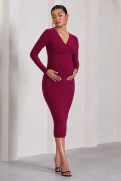 Marcia | Berry Bodycon Plunge-Neck Maternity Midi Dress -ENY Clothing Shop WB CC HR CL129832164 MarciaBerryBodyconPlunge NeckMaternityMidiDress3