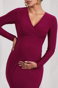 Marcia | Berry Bodycon Plunge-Neck Maternity Midi Dress -ENY Clothing Shop WB CC HR CL129832164 MarciaBerryBodyconPlunge NeckMaternityMidiDress4