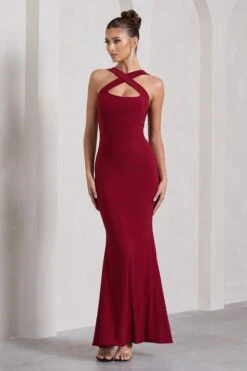 Cross My Heart | Berry Red Sleeveless Cross-Neck Maxi Dress -ENY Clothing Shop WB CC HR CL130020037 CrossMyHeartBerryRedSleevelessCross NeckMaxiDress3