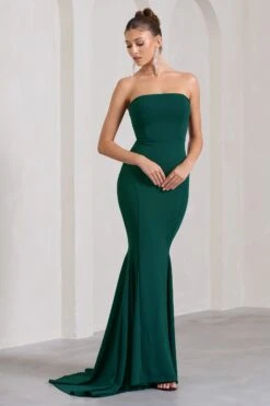 Impress Me | Bottle Green Strapless Bandeau Fishtail Maxi Dress -ENY Clothing Shop WB CC HR CL130022047 ImpressMeBottleGreenStraplessBandeauFishtailMaxiDress1