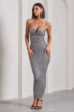 Dazzle Me | Grey Sequin Strappy Bodycon Maxi Dress -ENY Clothing Shop WB CC HR CL130031078 DazzleMeGreySequinStrappyBodyconMaxiDress3