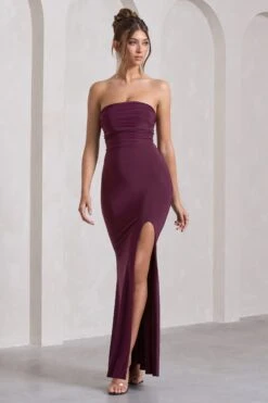 Midnight Calling | Plum Bandeau Split Lace-Up Maxi Dress -ENY Clothing Shop WB CC HR CL130038101 MidnightCallingPlumBandeauSplitLace UpMaxiDress