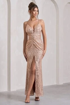 Enchanting | Champagne Sequin Open-Back Maxi Dress With Split -ENY Clothing Shop WB CC HR CL130043059 Enchanting ChampagneSequinOpen BackFishtailMaxiDressWithSplitCHAMPAGNE0