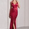 Rebecca | Red Satin Plunge Halter-Neck Open-Back Split Maxi Dress -ENY Clothing Shop WB CC HR CL133050004 Rebecca RedSatinPlungeHalter NeckOpen BackSplitMaxiDressRED0