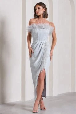 Crystal | Silver Metallic Bandeau Corset Maxi Dress With Feather Trims -ENY Clothing Shop WB CC HR CL133116013 CrystalSilverMetallicBandeauCorsetMaxiDressWithFeatherTrims3