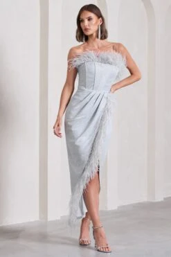 Crystal | Silver Metallic Bandeau Corset Maxi Dress With Feather Trims -ENY Clothing Shop WB CC HR CL133116013 CrystalSilverMetallicBandeauCorsetMaxiDressWithFeatherTrims7
