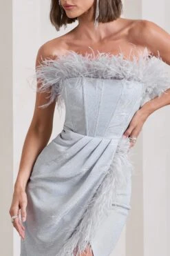 Crystal | Silver Metallic Bandeau Corset Maxi Dress With Feather Trims -ENY Clothing Shop WB CC HR CL133116013 CrystalSilverMetallicBandeauCorsetMaxiDressWithFeatherTrims9