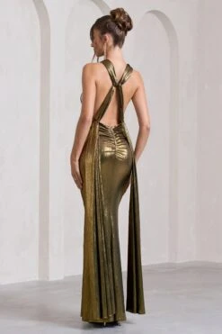 Lost | Gold Metallic Halter-Neck Cut-Out Split Maxi Dress With Drape 8 Lost | Gold Metallic Halter-Neck Cut-Out Split Maxi Dress With Drape -ENY Clothing Shop WB CC HR CL133124007 LostGoldMetallicHalter NeckCut OutSplitMaxiDressWithDrapeGOLD12