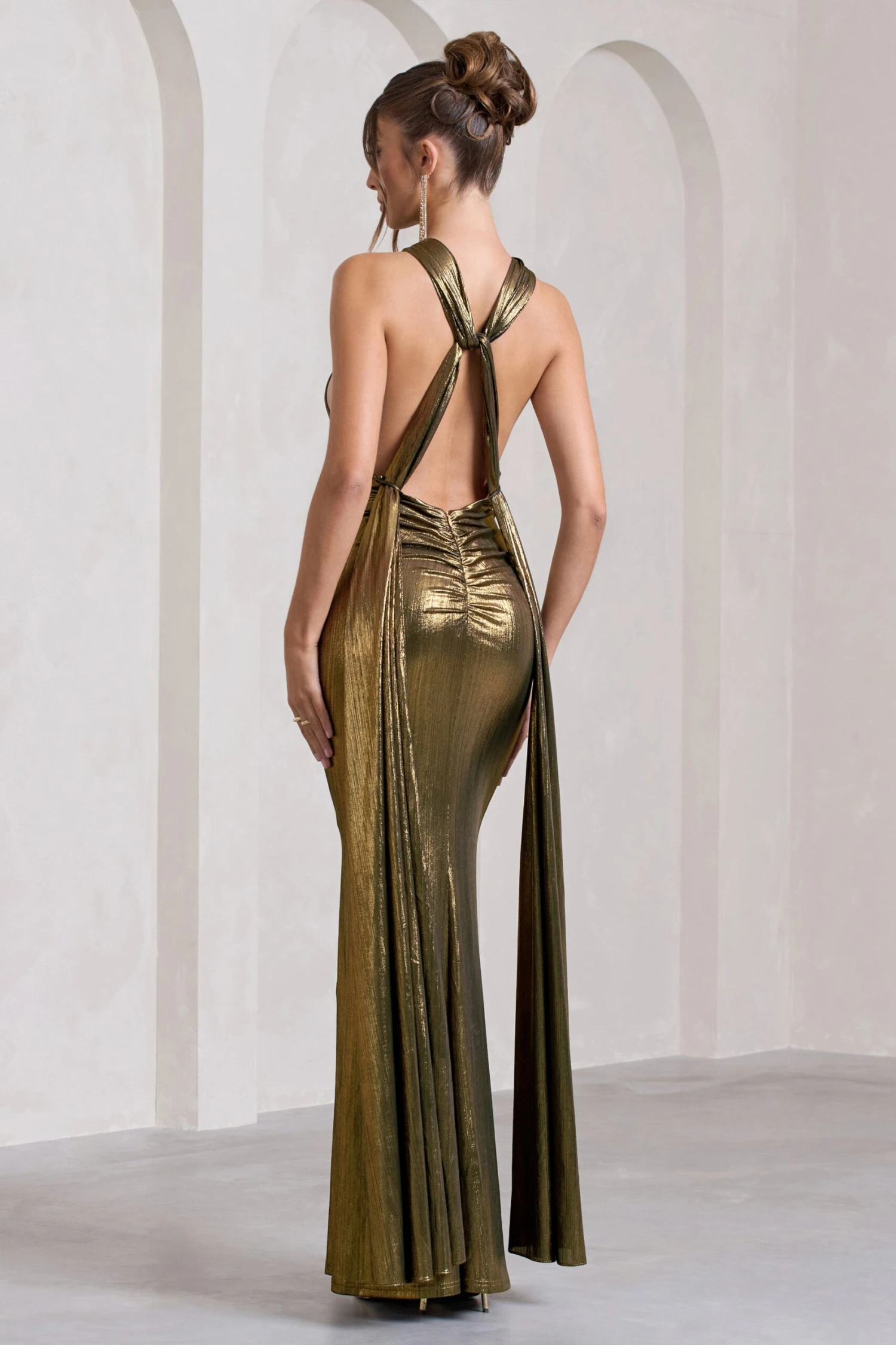 Lost | Gold Metallic Halter-Neck Cut-Out Split Maxi Dress With Drape 4 Lost | Gold Metallic Halter-Neck Cut-Out Split Maxi Dress With Drape - Image 2