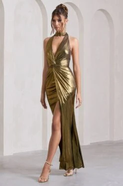 Lost | Gold Metallic Halter-Neck Cut-Out Split Maxi Dress With Drape 11 Lost | Gold Metallic Halter-Neck Cut-Out Split Maxi Dress With Drape -ENY Clothing Shop WB CC HR CL133124007 LostGoldMetallicHalter NeckCut OutSplitMaxiDressWithDrapeGOLD7