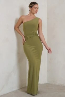 Kary | Olive Green One Shoulder Thigh Split Maxi Dress -ENY Clothing Shop WB CL123999 KaryOliveGreenOneShoulderThighSplitMaxiDress1