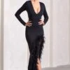 Finale | Black Feather Plunge Neck Thigh Split Maxi Dress -ENY Clothing Shop WB CL124264002 FinaleBlackFeatherPlungeNeckThighSplitMaxiDress7