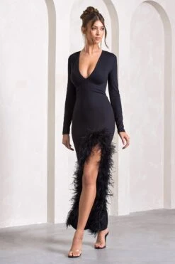 Finale | Black Feather Plunge Neck Thigh Split Maxi Dress -ENY Clothing Shop WB CL124264002 FinaleBlackFeatherPlungeNeckThighSplitMaxiDress8