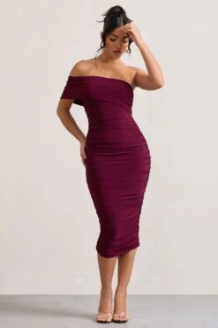 Remember Me | Burgundy One Shoulder Midi Dress -ENY Clothing Shop WB CL124581158 RememberMe BurgundyOneShoulderMidiDress2 3a6d4eac aad3 45f9 8628 49f64dfc1042