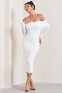 Only You | Ivory Ruched Mesh Bardot Midi Dress -ENY Clothing Shop WB CL124595005 OnlyYouIvoryRuchedMeshBardotMidiDress1