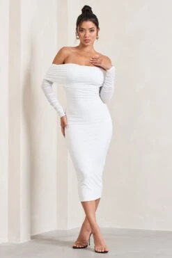 Only You | Ivory Ruched Mesh Bardot Midi Dress -ENY Clothing Shop WB CL124595005 OnlyYouIvoryRuchedMeshBardotMidiDress5