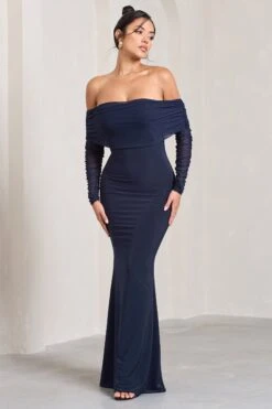 Madeleine | Navy Fishtail Maxi Dress With Bardot Mesh Long Sleeves -ENY Clothing Shop WB CL124634015 MadeleineNavyFishtailMaxiDressWithBardotMeshLongSleeves0