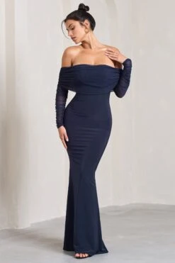 Madeleine | Navy Fishtail Maxi Dress With Bardot Mesh Long Sleeves -ENY Clothing Shop WB CL124634015 MadeleineNavyFishtailMaxiDressWithBardotMeshLongSleeves1