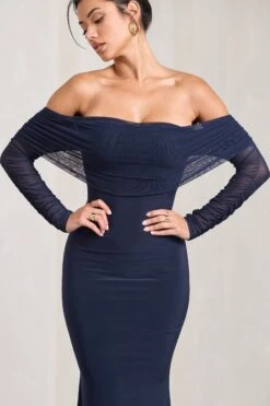 Madeleine | Navy Fishtail Maxi Dress With Bardot Mesh Long Sleeves -ENY Clothing Shop WB CL124634015 MadeleineNavyFishtailMaxiDressWithBardotMeshLongSleeves3