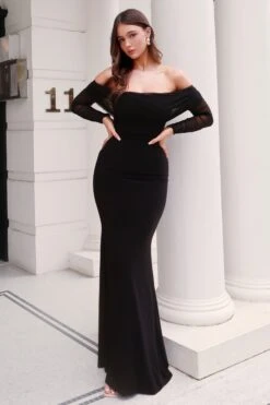 Madeleine | Black Fishtail Maxi Dress With Bardot Mesh Long Sleeves -ENY Clothing Shop WB CL12463401506 Infulencer