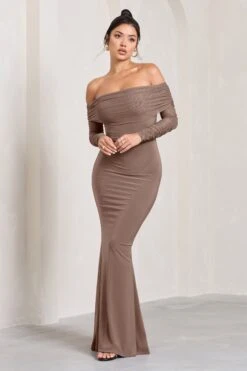 Madeleine | Mocha Fishtail Maxi Dress With Bardot Mesh Long Sleeves -ENY Clothing Shop WB CL124634038 MadeleineMochaFishtailMaxiDressWithBardotMeshLongSleeves1