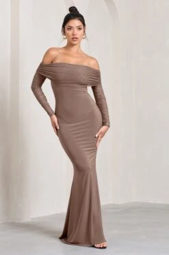 Madeleine | Mocha Fishtail Maxi Dress With Bardot Mesh Long Sleeves -ENY Clothing Shop WB CL124634038 MadeleineMochaFishtailMaxiDressWithBardotMeshLongSleeves3