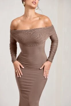 Madeleine | Mocha Fishtail Maxi Dress With Bardot Mesh Long Sleeves -ENY Clothing Shop WB CL124634038 MadeleineMochaFishtailMaxiDressWithBardotMeshLongSleeves4