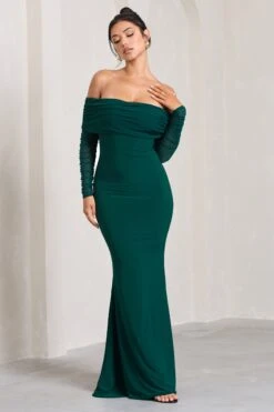 Madeleine | Bottle Green Fishtail Maxi Dress With Bardot Mesh Long Sleeves -ENY Clothing Shop WB CL124634047 MadeleineBottleGreenFishtailMaxiDressWithBardotMeshLongSleeves0